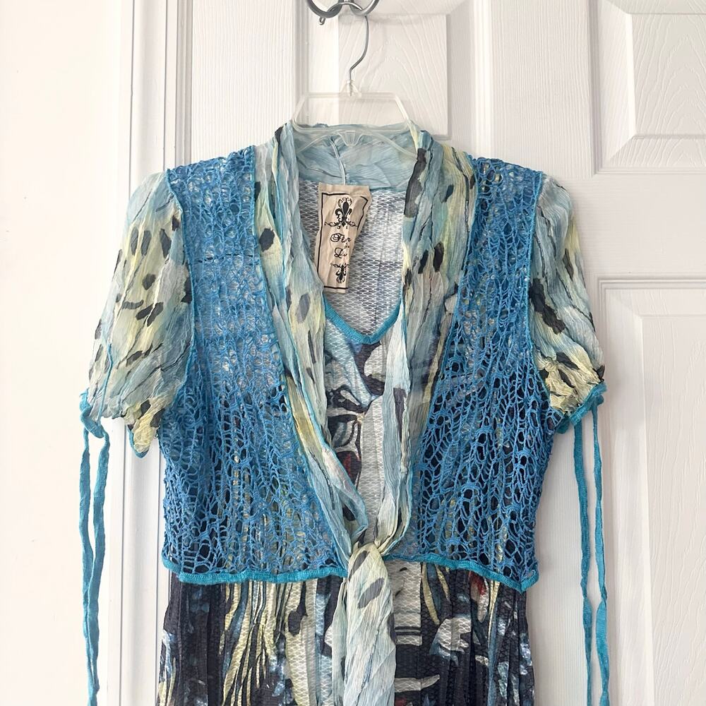 Fleur de Lis Vintage Y2K 2000s Faux Layered Crochet Vest Tunic Colorful Grunge L - Picture 2 of 9